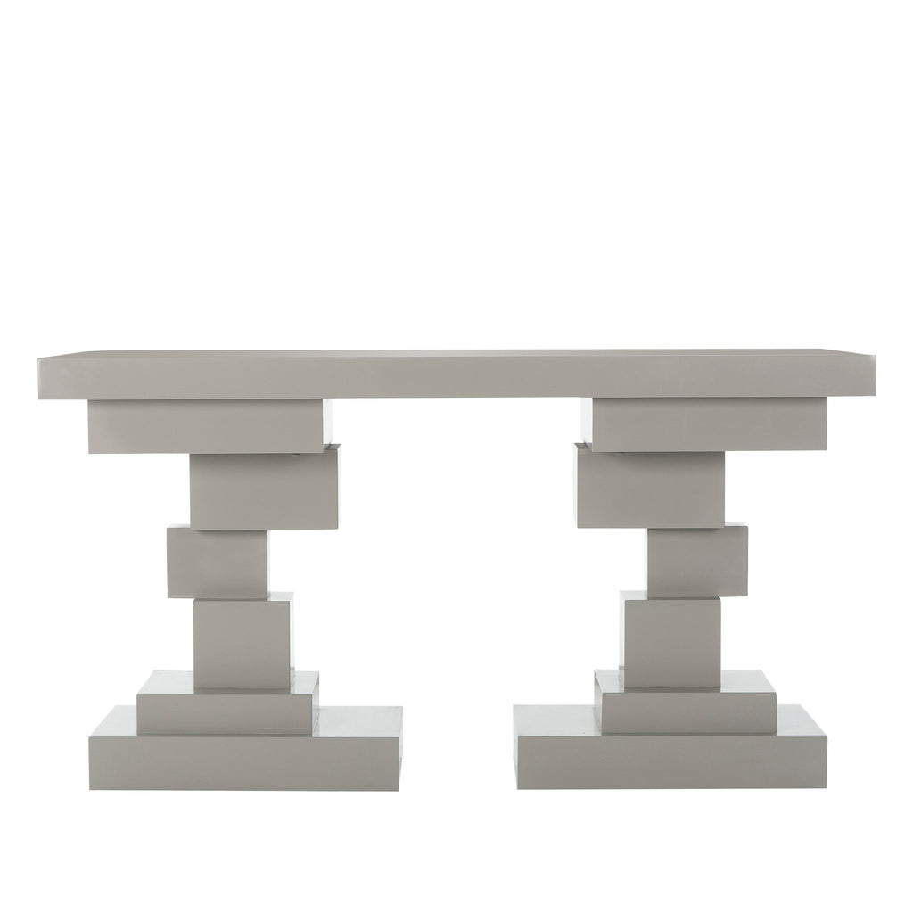 Modern console table with a stacked block design in a light gray finish, offering a bold and contemporary addition to any room, Front View.