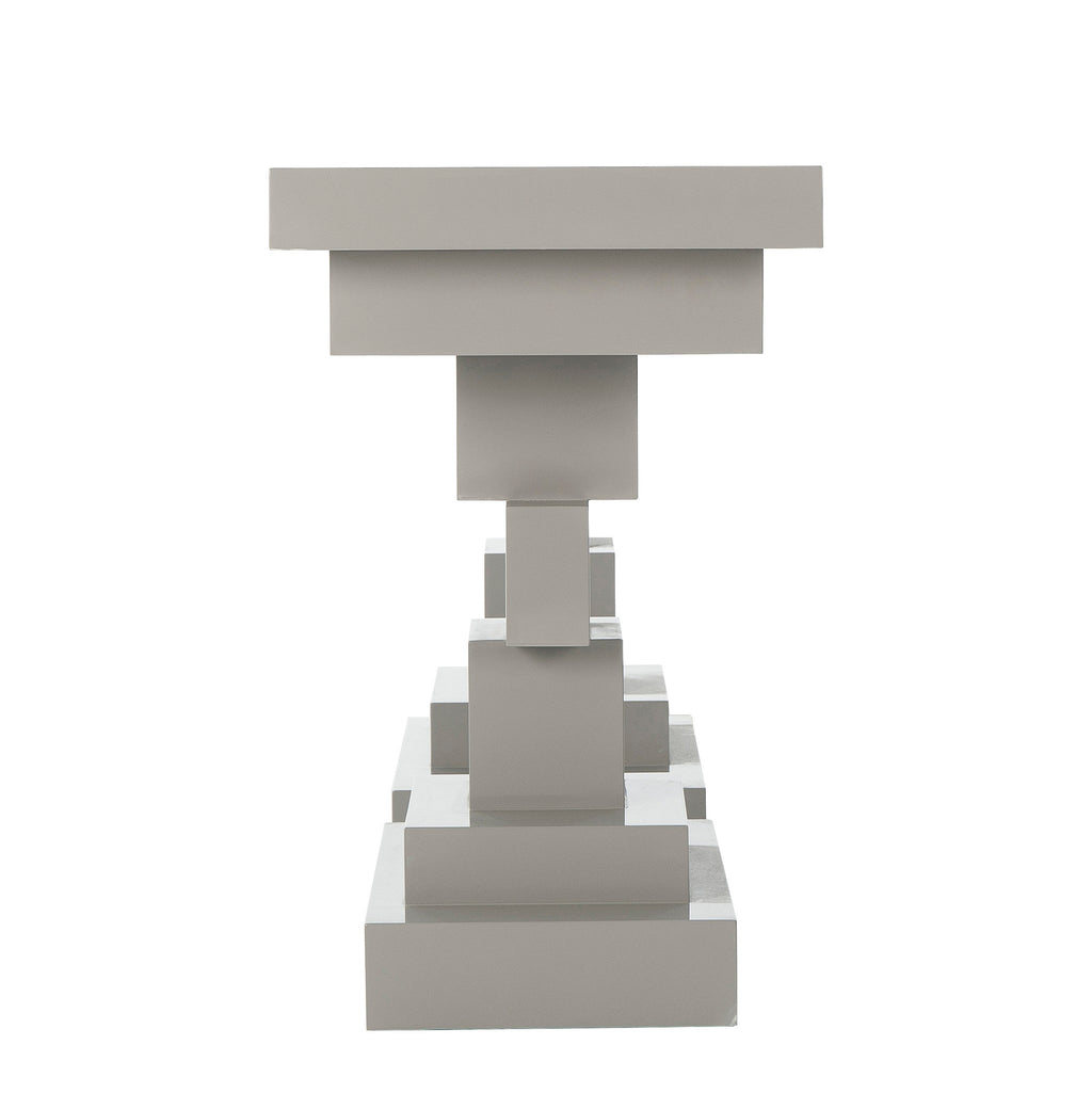 Modern console table with a stacked block design in a light gray finish, offering a bold and contemporary addition to any room, Side View.