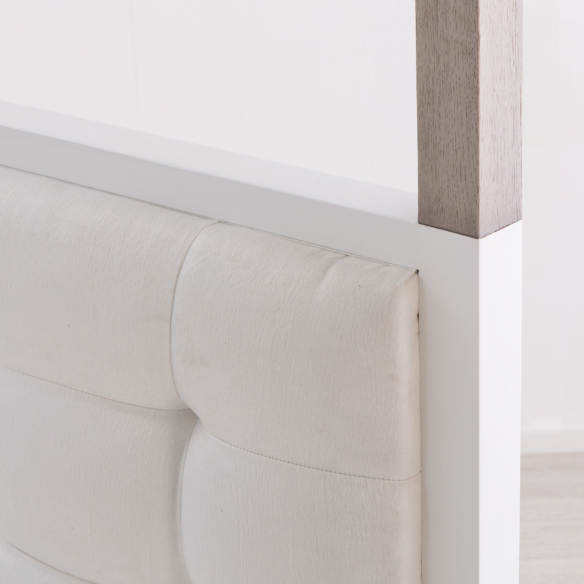UK King size four-poster bed with a sleek, modern design, featuring a wooden frame in natural hues, offering a contemporary and comfortable addition to any bedroom, Detail View 3.
