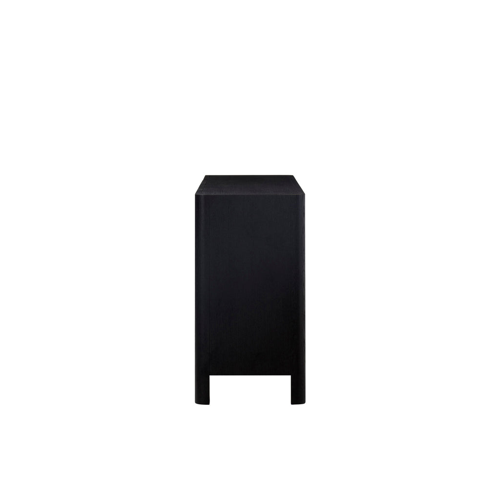Sleek black sideboard with metallic handles, ideal for contemporary dining room storage and decor, Side angle.