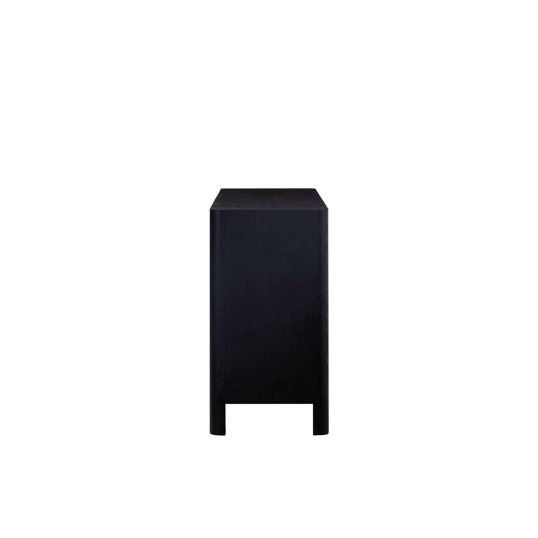 Sleek black sideboard with metallic handles, ideal for contemporary dining room storage and decor, Side angle.