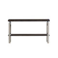 Modern espresso-finished console table with stainless steel accents and a lower shelf, suitable for sophisticated home decor, front view.