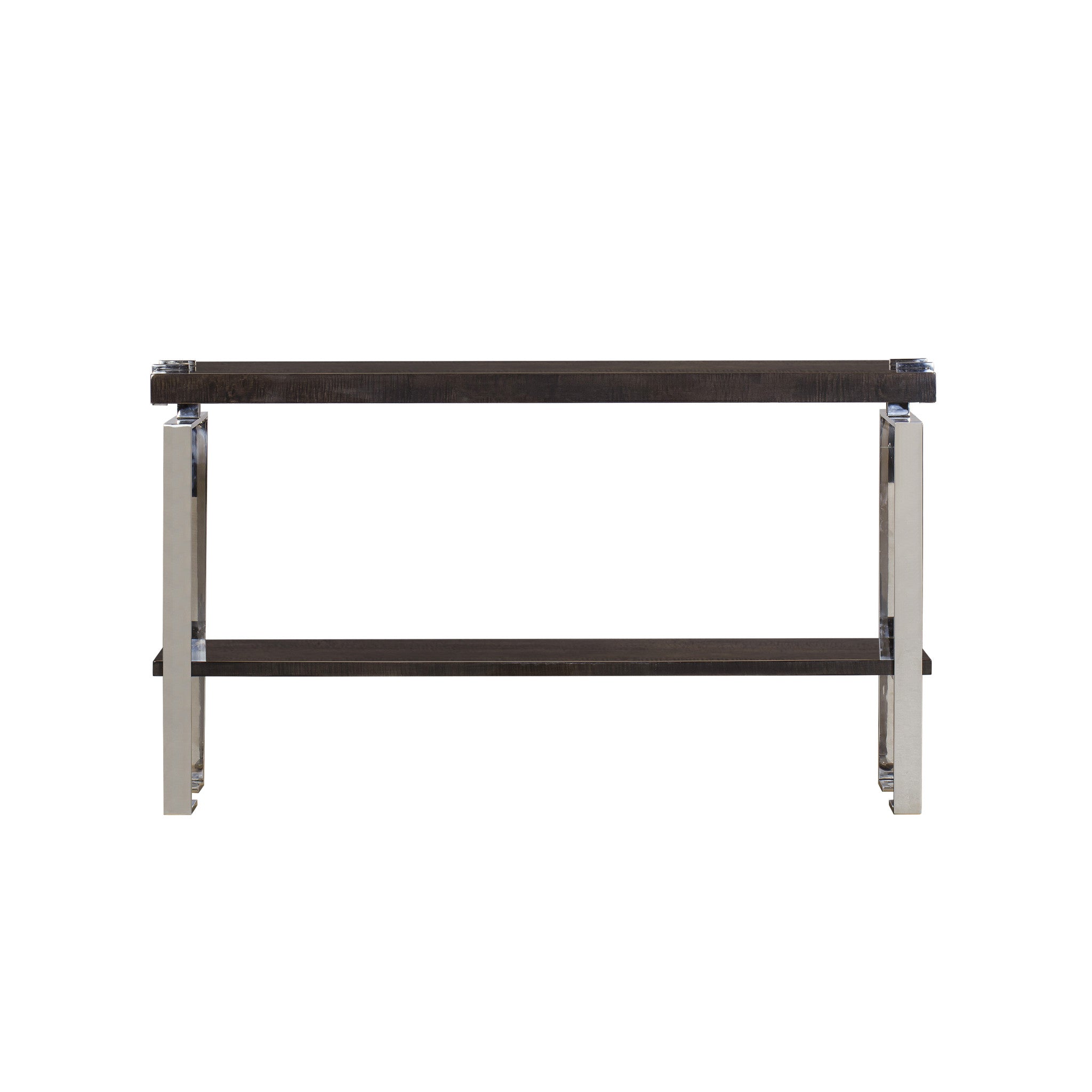 Modern espresso-finished console table with stainless steel accents and a lower shelf, suitable for sophisticated home decor, front view.