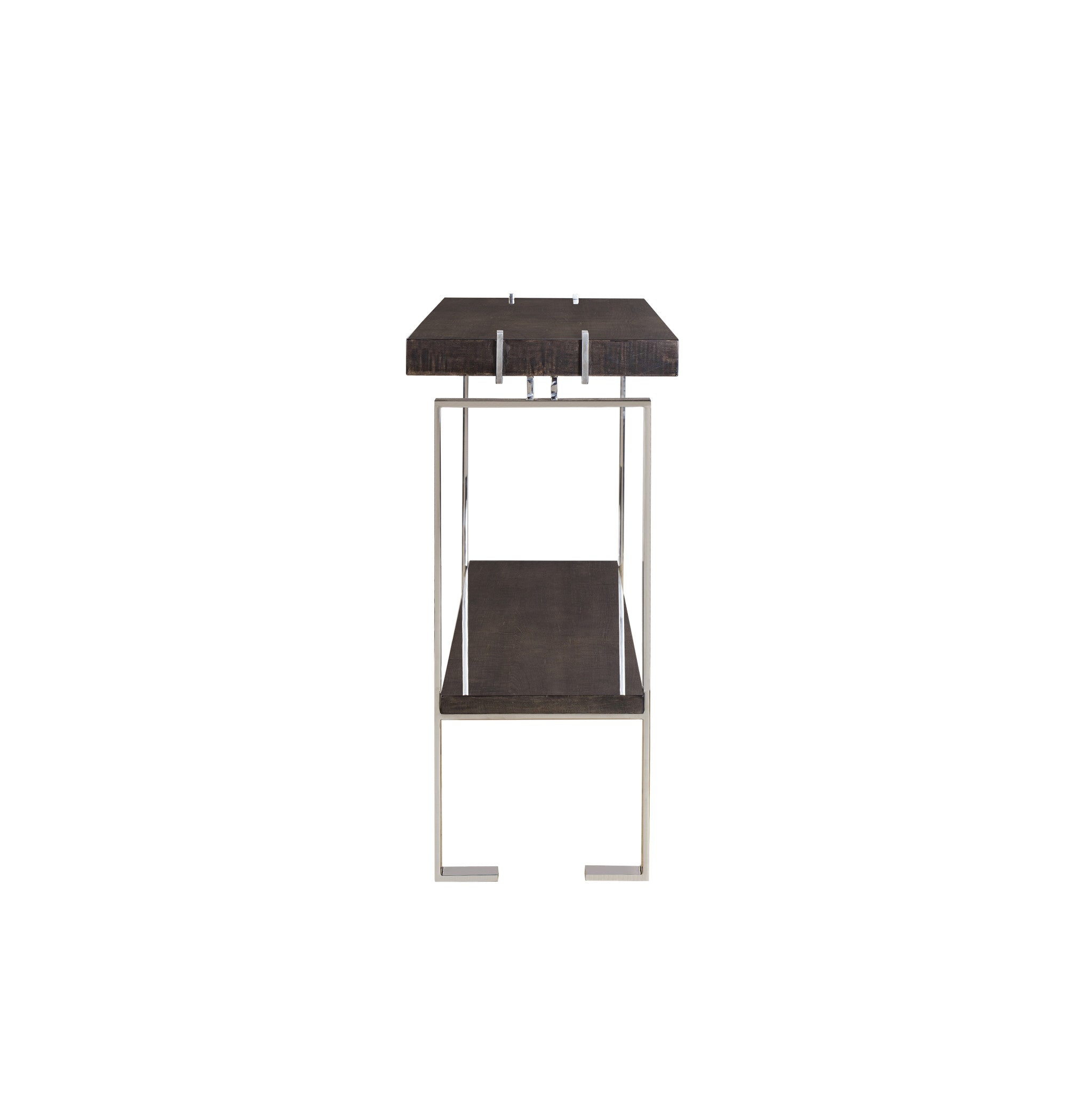 Modern espresso-finished console table with stainless steel accents and a lower shelf, suitable for sophisticated home decor, side view.