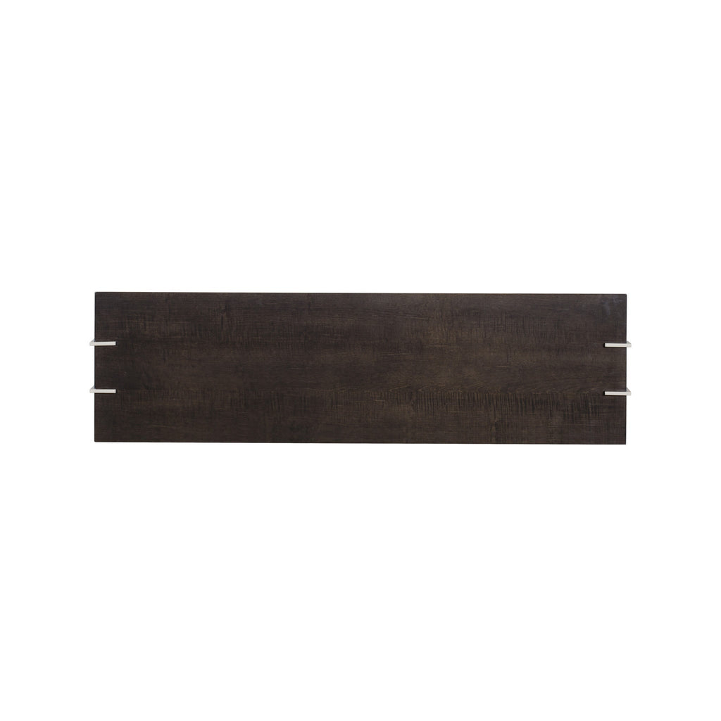 Modern espresso-finished console table with stainless steel accents and a lower shelf, suitable for sophisticated home decor, top view.