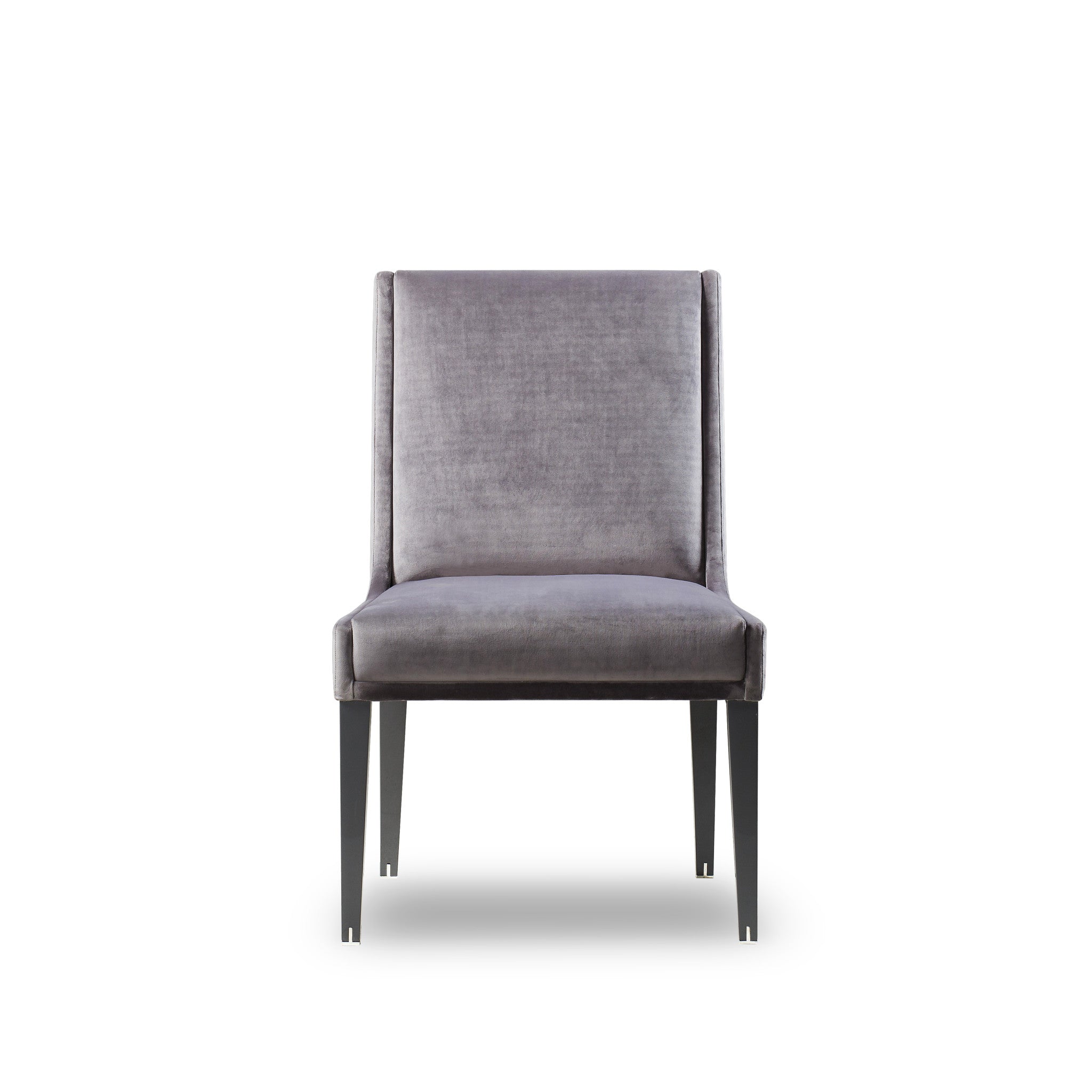 Modern grey velvet dining chair with high back and black wooden legs, perfect for contemporary room decor, Front View.
