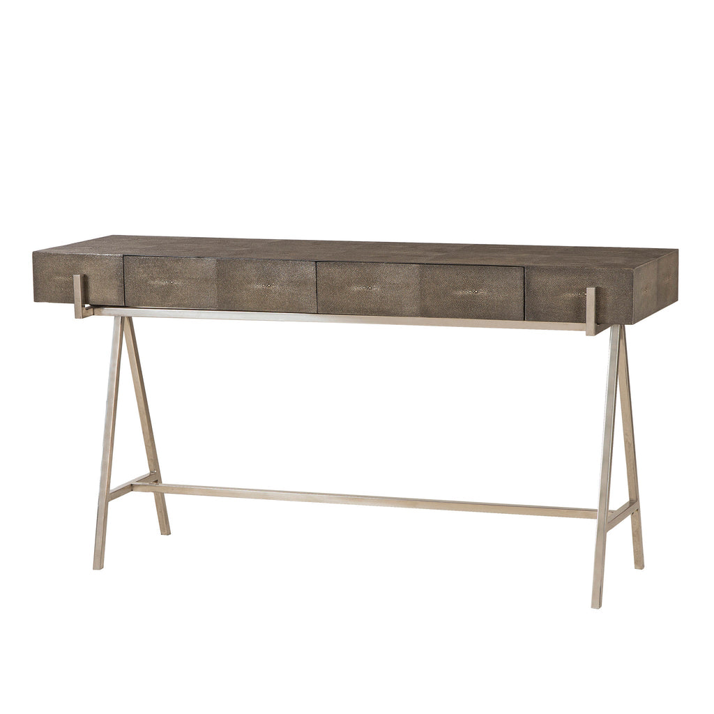 Contemporary console table with a dark gray textured top, metal frame, and four drawers, providing a stylish storage solution for modern interiors, Angle View.