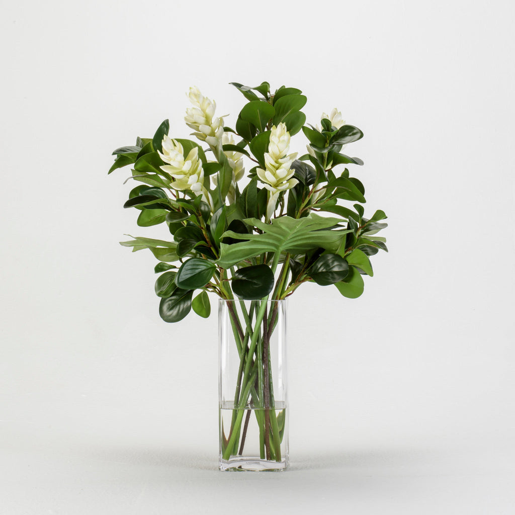 Ginger and Mixed Leaf Arrangement in Glass Square Vase