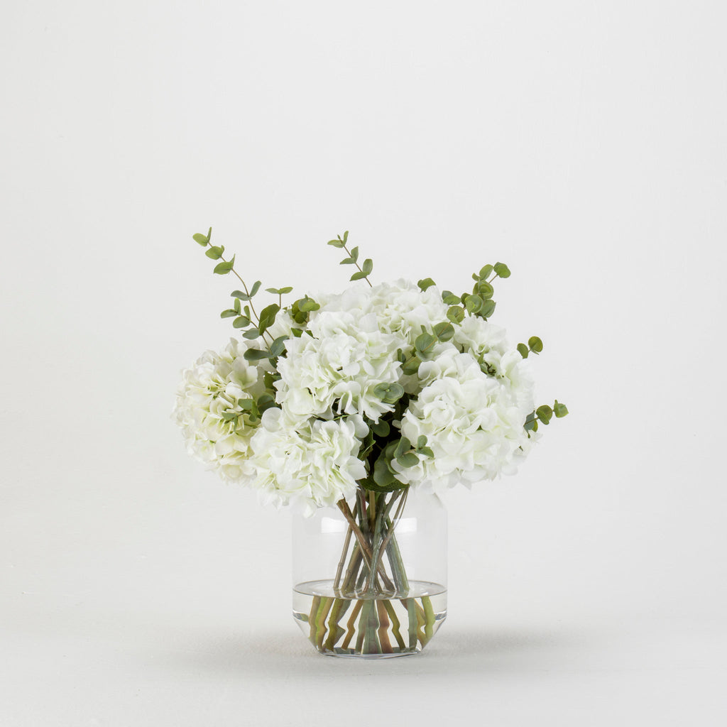 White Hydrangea Eucalyptus Bouquet in Glass Vase