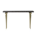 Elegant console table with a sleek black wood top and tapered gold legs, offering a luxurious and modern touch to any space.